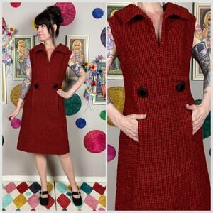 Vintage 1960s Red and Black Sleeveless Tweed A-Line Dress
